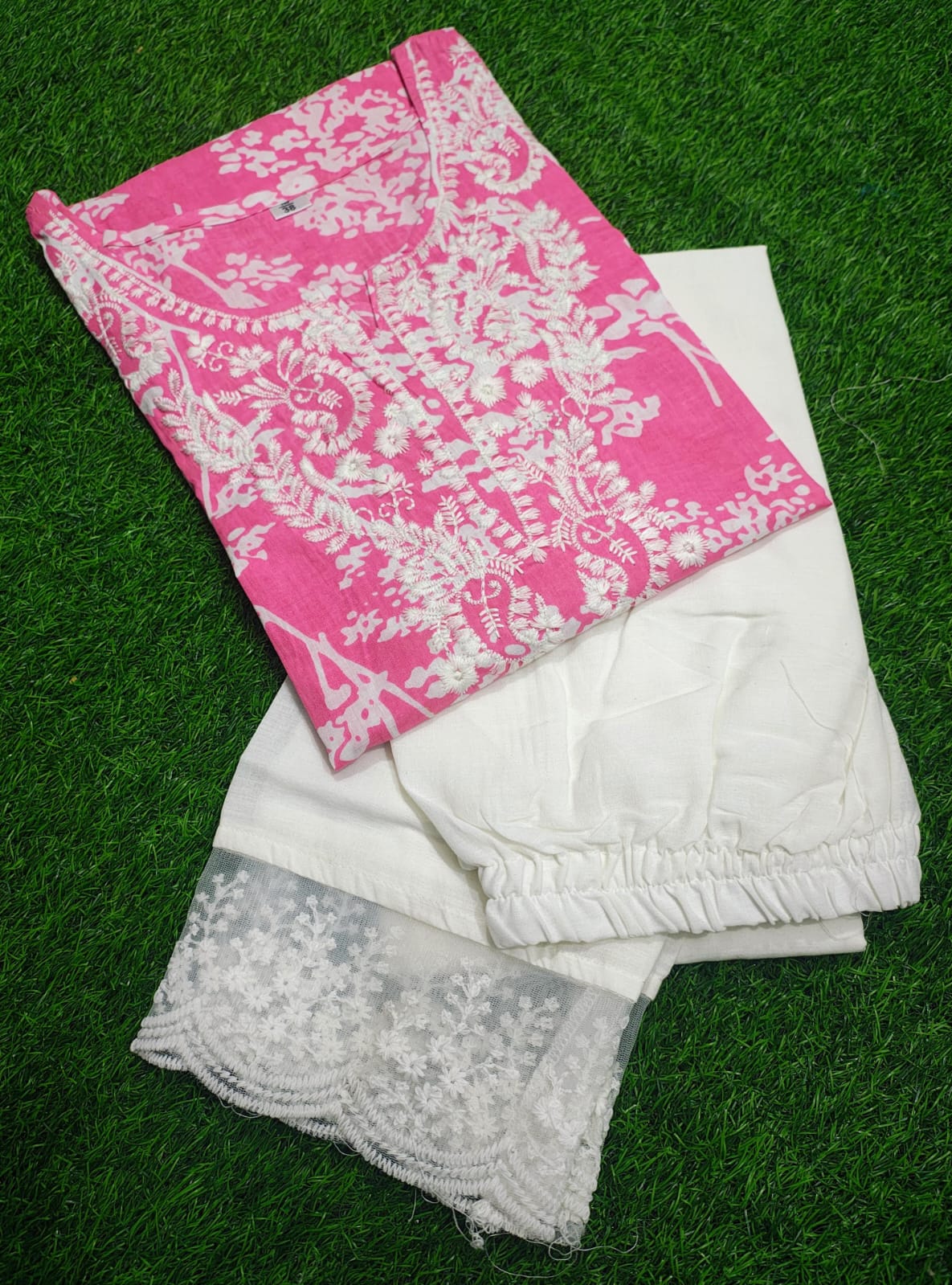 Pink Chikankari Cotton Kurti Pant Set | Stylish Ethnic Outfit for Women - Image 3