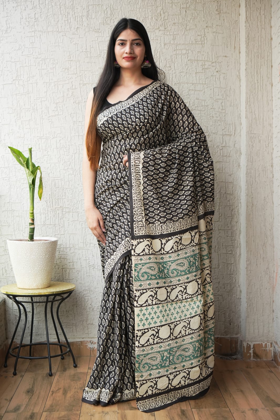 Black Hand Block Printed Cotton Saree with Blouse (BFCS72)