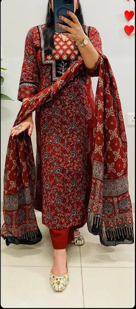 Maroon Ajrakh Cotton Suit Set | A-Line Princess Cut Kurta with Pant & Dupatta - Image 2