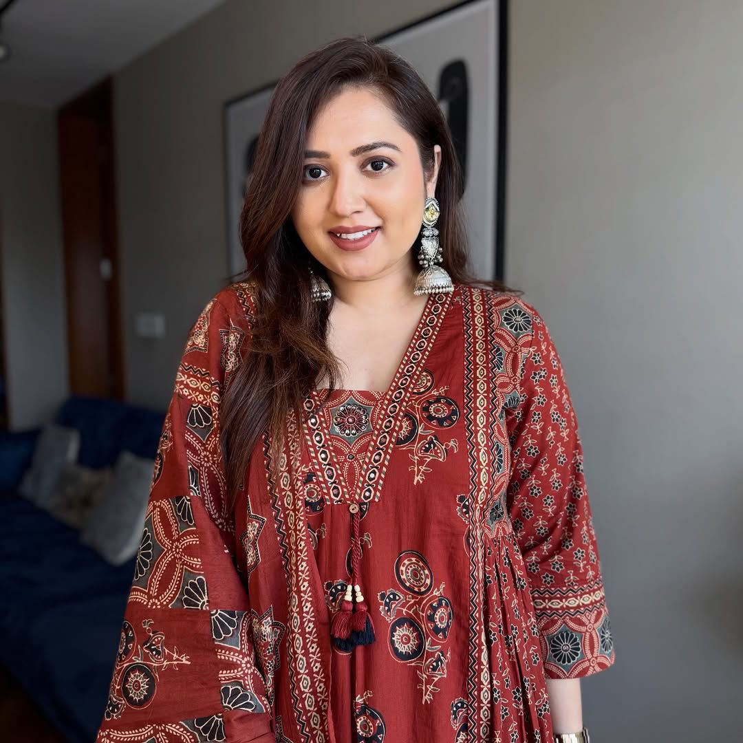 Red Ajrakh Print Anarkali Suit Set for Women - Image 2