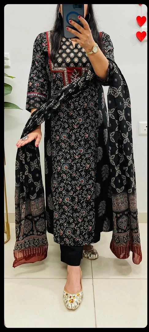 Black Ajrakh Cotton Suit Set | A-Line Princess Cut Kurta with Pant & Dupatta - Image 2