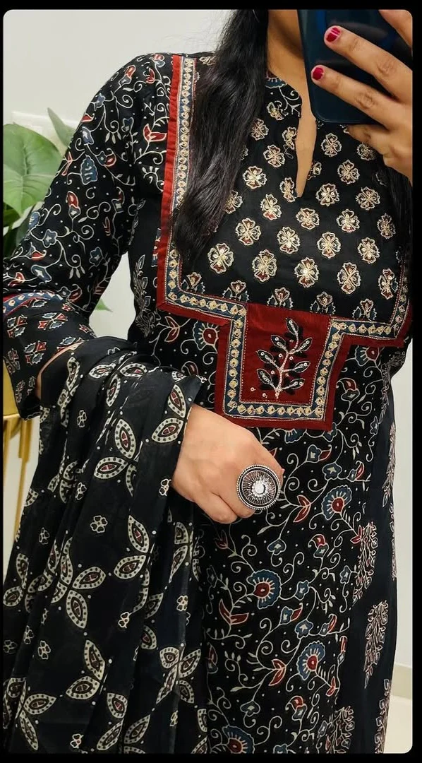 Black Ajrakh Cotton Suit Set | A-Line Princess Cut Kurta with Pant & Dupatta - Image 3