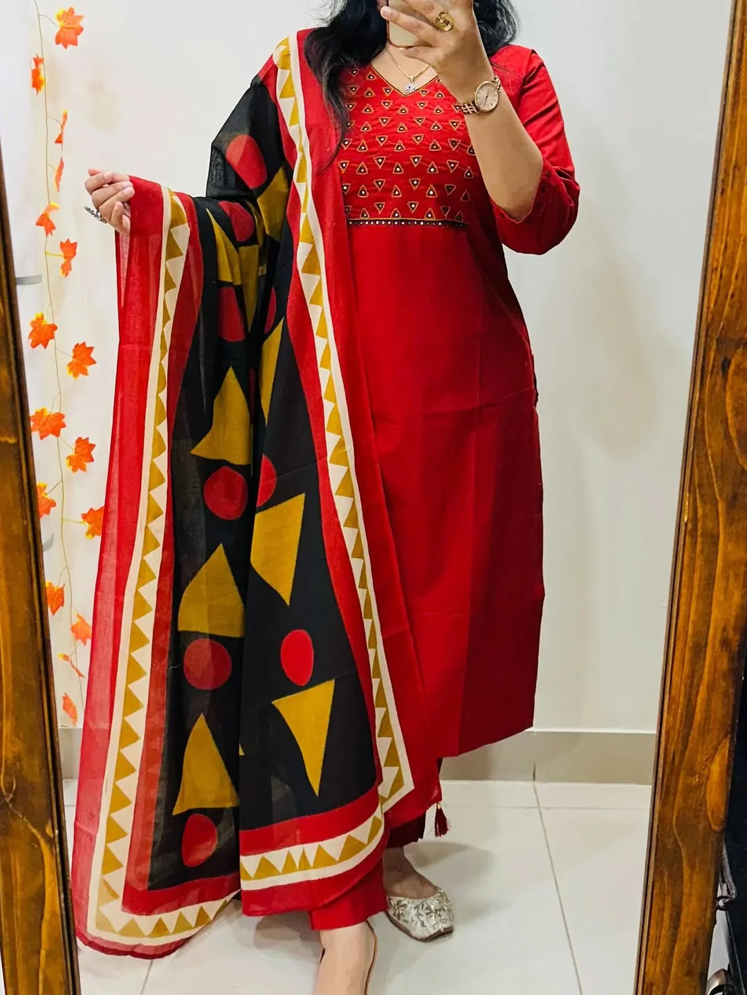 Red Kurta Pant Set with Printed Dupatta for Women