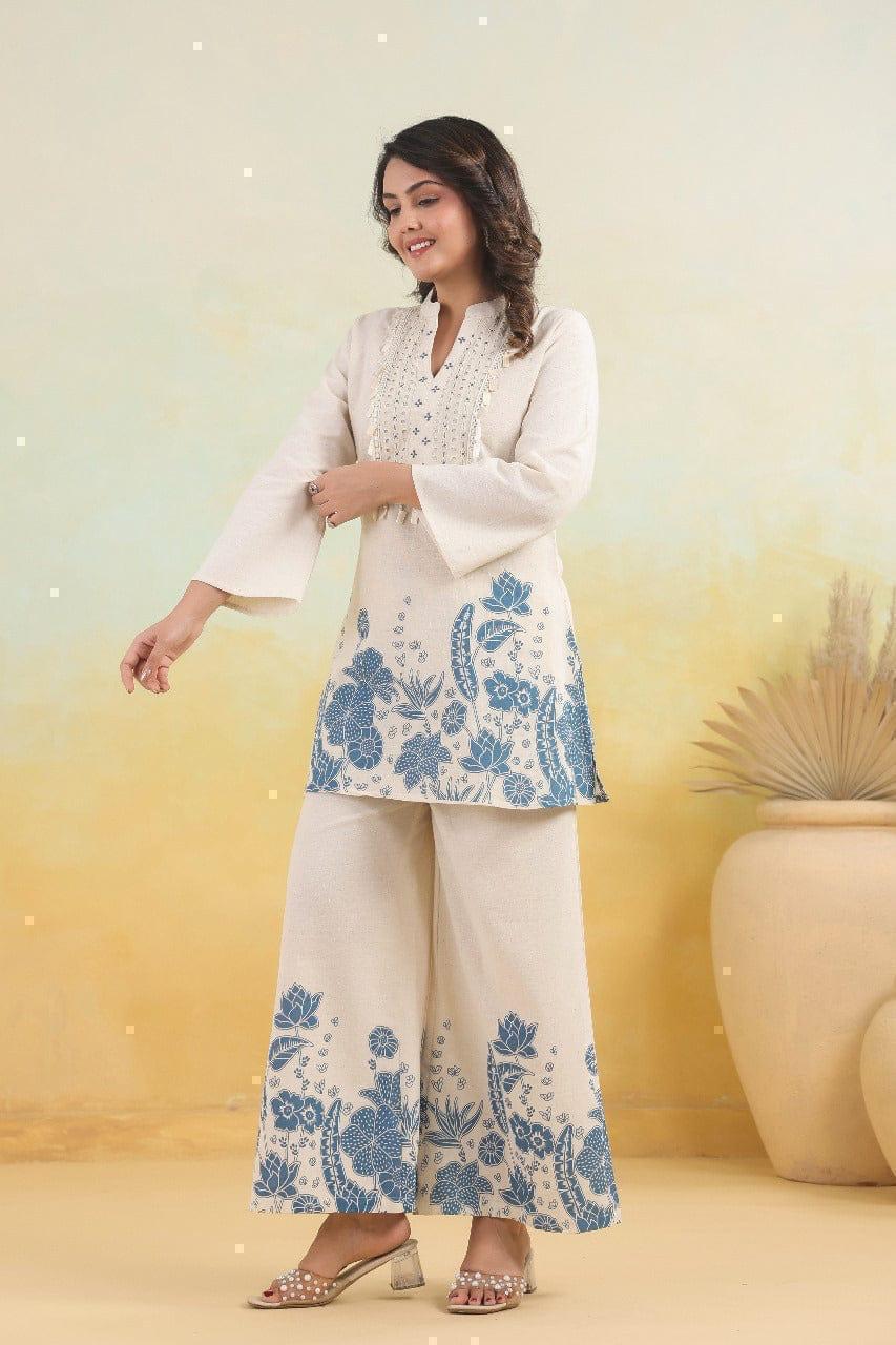 White Cotton Kurti Palazzo Set with Blue Print | Elegant Summer Co-ord Set for Women - Image 2