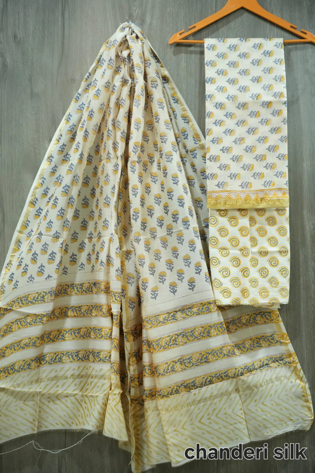 White & Yellow Sunflower Butti Hand Block Print Chanderi Silk Dress Material  (BFCHS28)