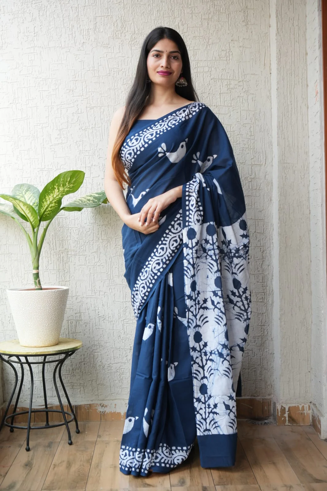 Navy Blue Hand Block Printed Cotton Saree with Blouse (BFCS73)