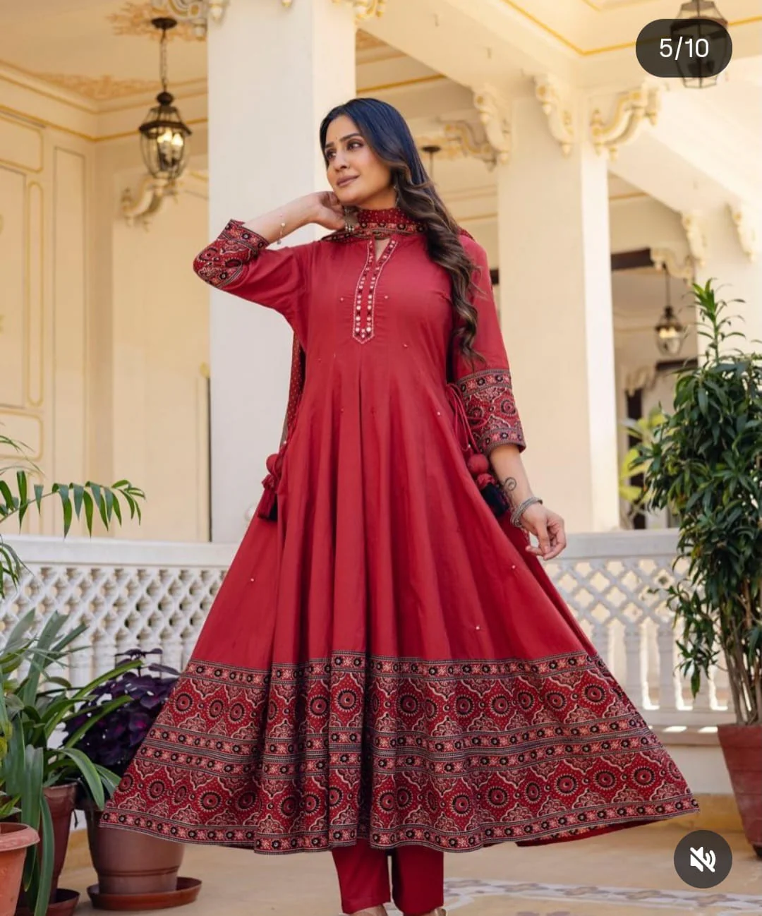 Red Premium Cotton Anarkali Dress | Mirror & Katha Thread Work | Hand Block Print Border - Image 2