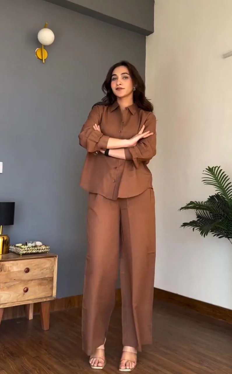 Choco Brown Pure Cotton Coord Set | Shirt & Wide Leg Pant - Image 2