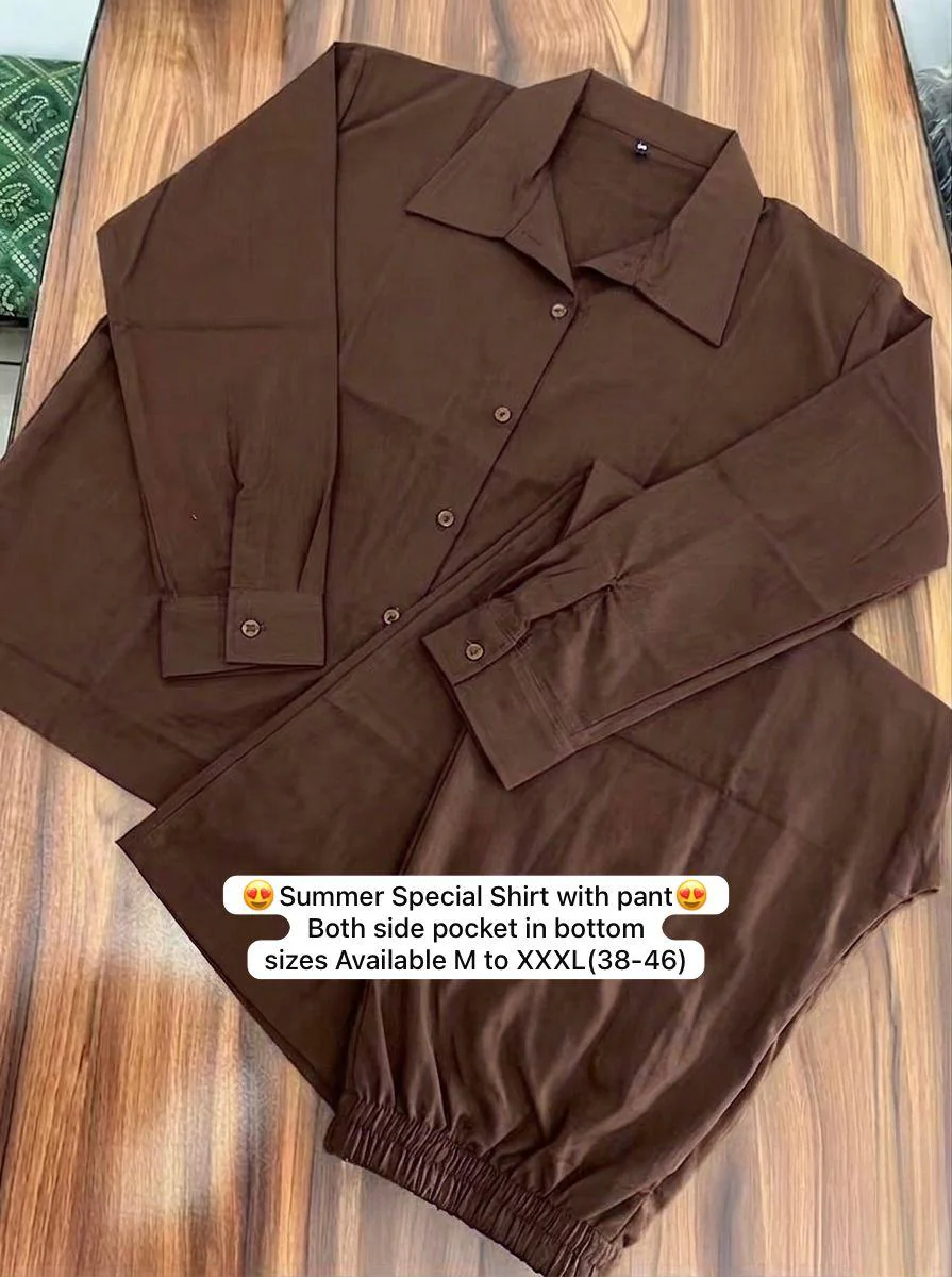 Choco Brown Pure Cotton Coord Set | Shirt & Wide Leg Pant - Image 3