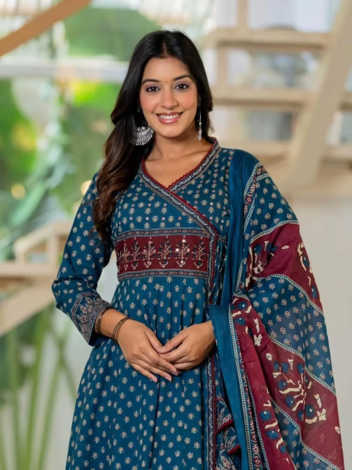 Teal Blue Angrakha Style Cotton Kurta Set with Dupatta - Image 2