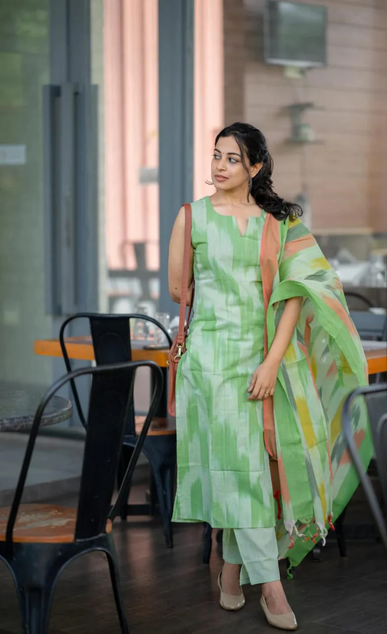 Mint Green Ikat Print Handloom Cotton Kurti Set
