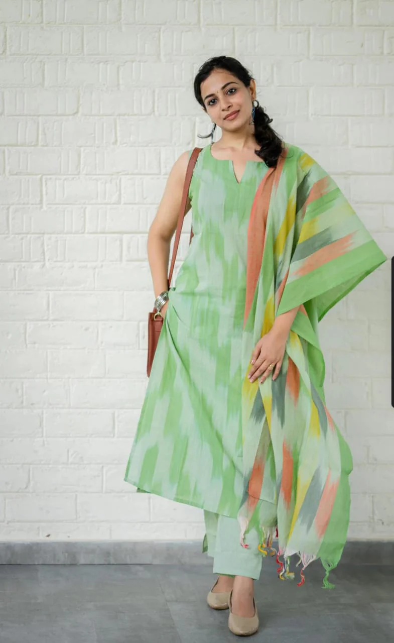 Mint Green Ikat Print Handloom Cotton Kurti Set - Image 2