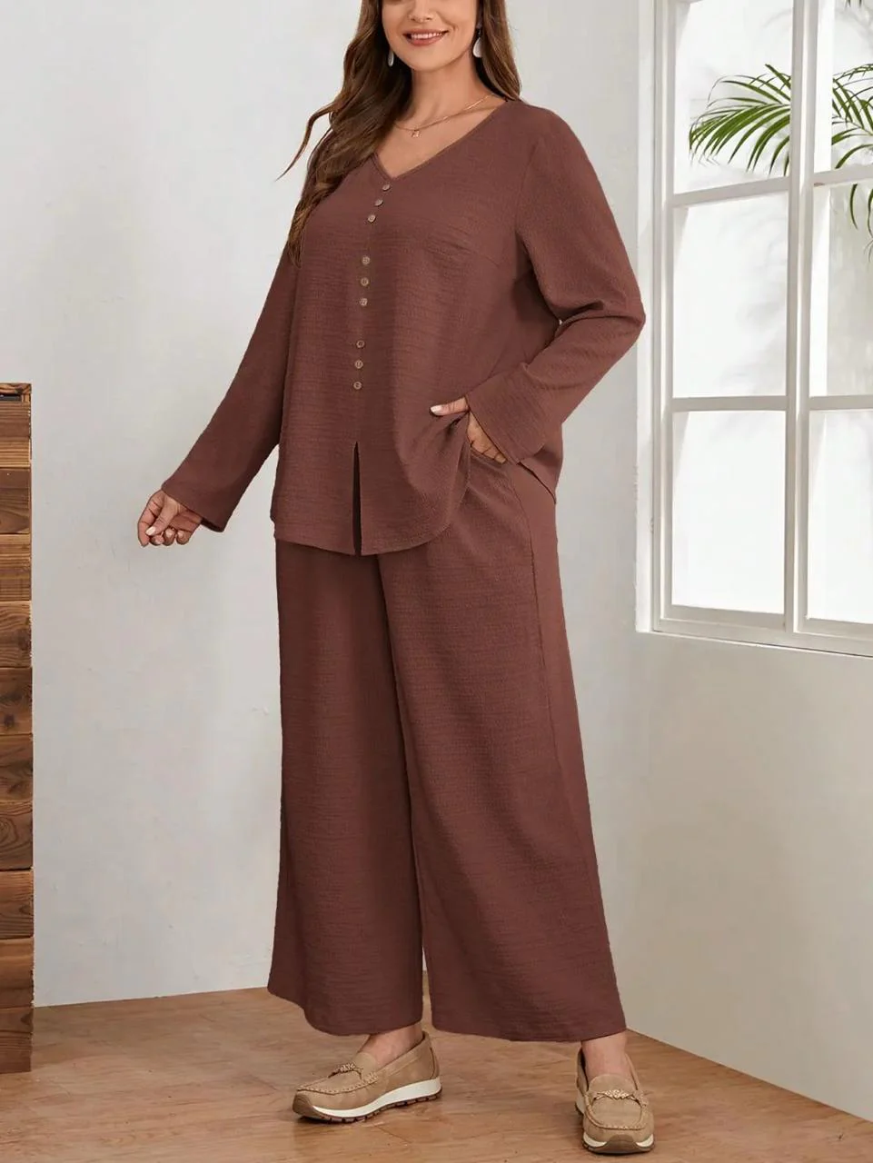 Brown Cotton Flex Co-Ord Set for Women | Casual Kurta Pant Set - Image 2