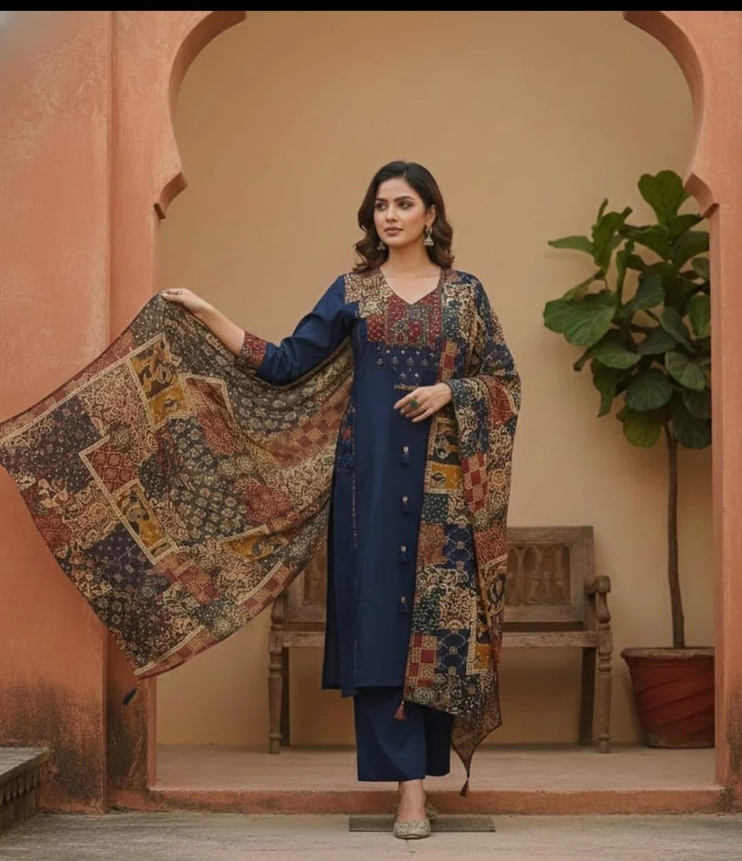 Navy Blue Pure Cotton Suit Set with Kalamkari Print Dupatta - Image 2