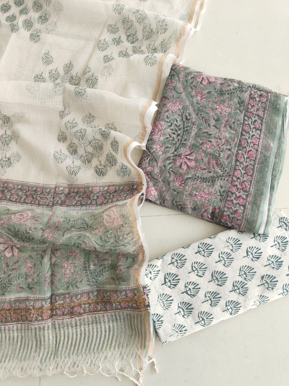 Sage Green Pink Floral Hand Block Print Kota Doriya Suit  (BFFKO76)