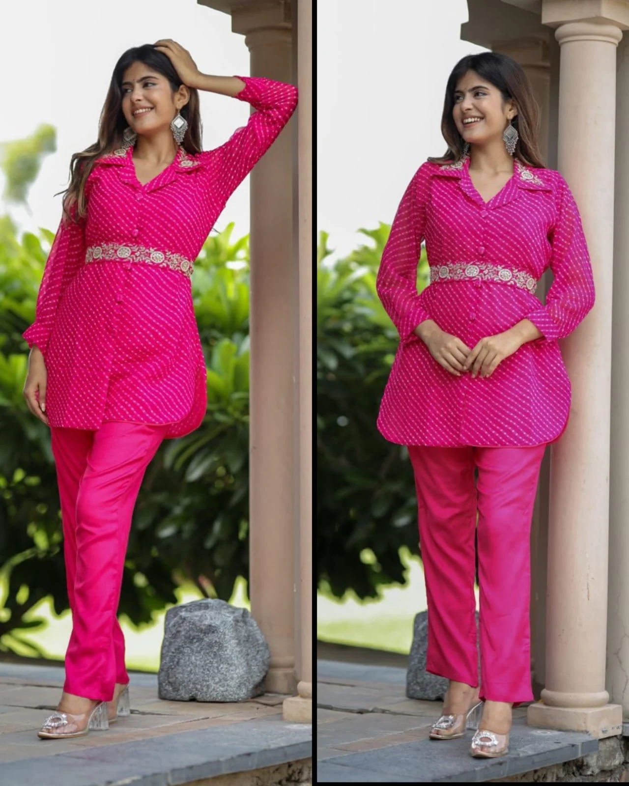 Hot Pink Georgette Designer Co-ord Set with Handwork Belt - Image 2