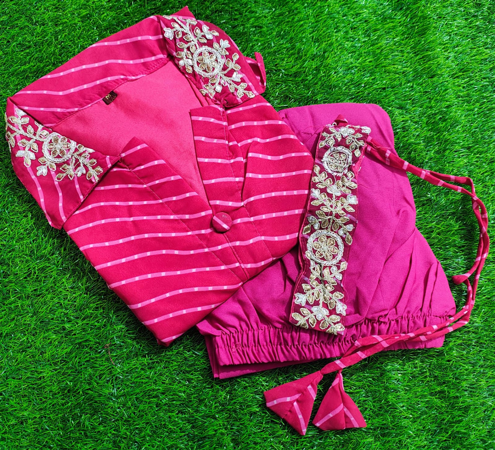 Hot Pink Georgette Designer Co-ord Set with Handwork Belt - Image 3