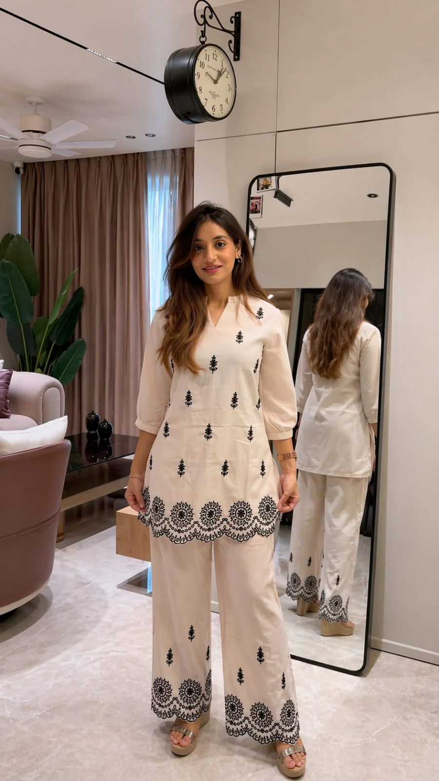 Cream Cotton Hand Embroidery Co-ord Set for Women