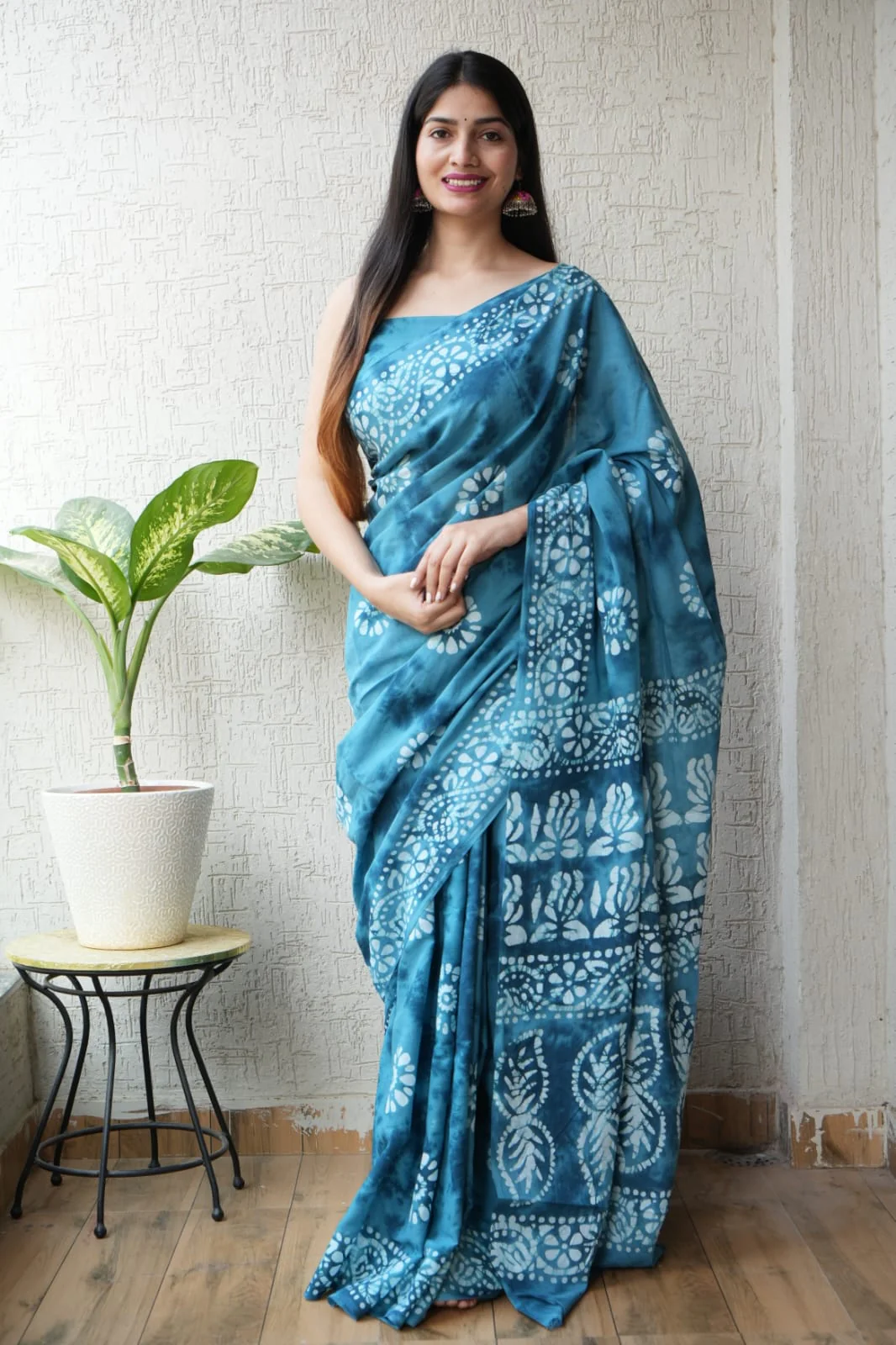 Teal Blue Hand Block Printed Cotton Saree with Blouse (BFCS64)