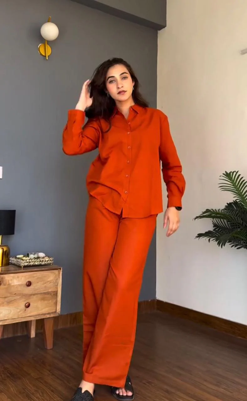 Rust Orange Pure Cotton Coord Set | Shirt & Wide Leg Pant - Image 2