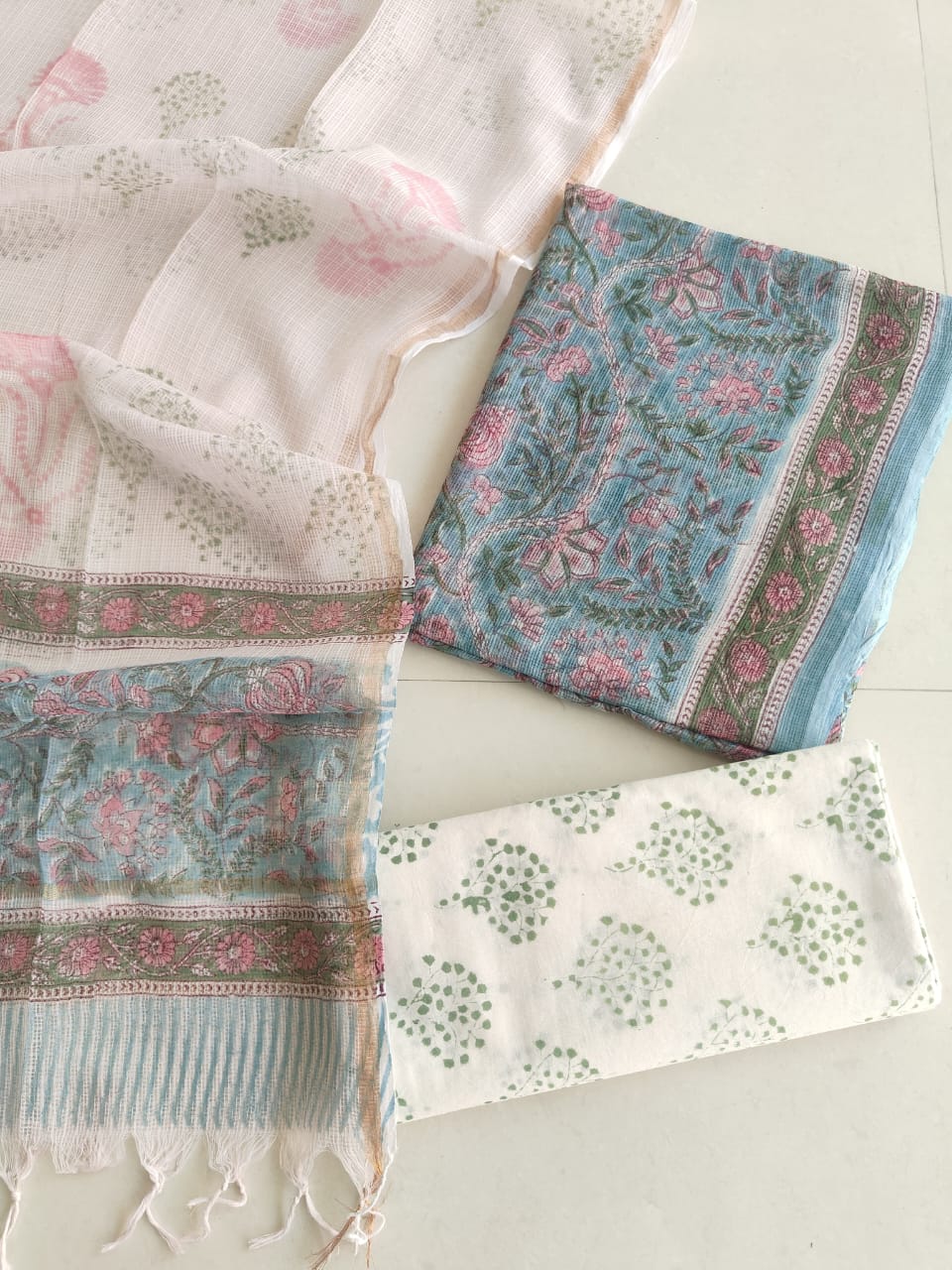 Sky Blue Floral Hand Block Print Kota Doriya Suit  (BFFKO63)
