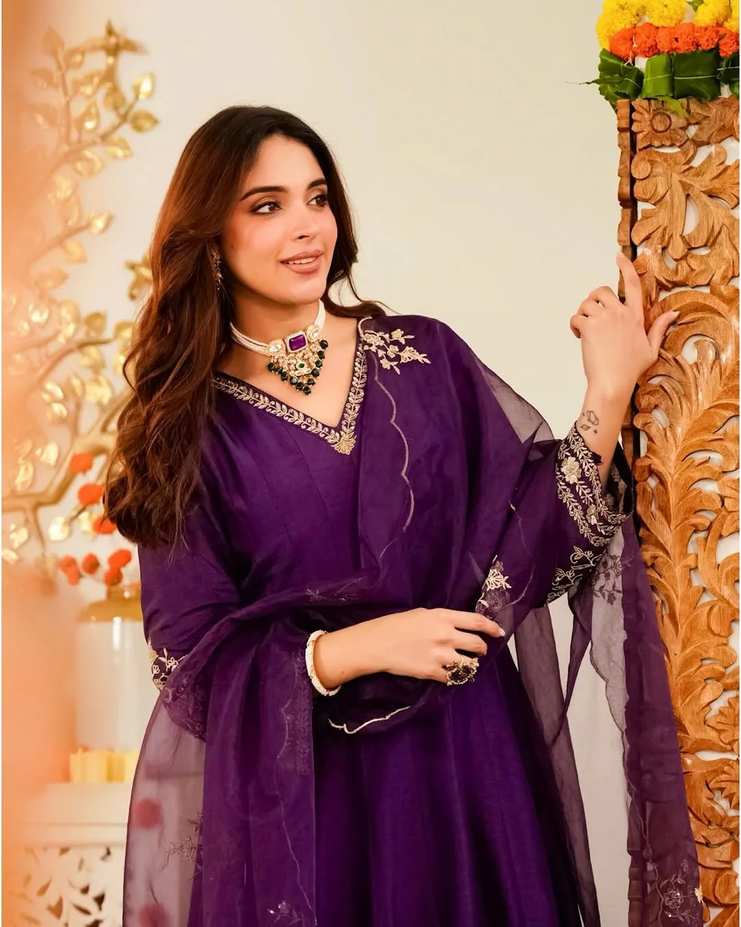 Purple Chinon Silk Anarkali Kurti Pant Dupatta Set for Women - Image 3