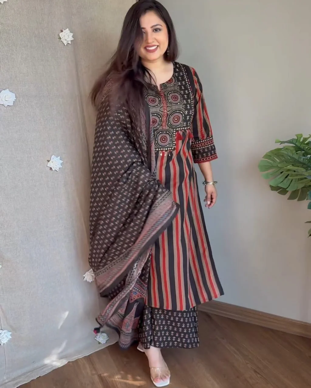 Black Cotton Printed Kurti Pant Dupatta Set for Women
