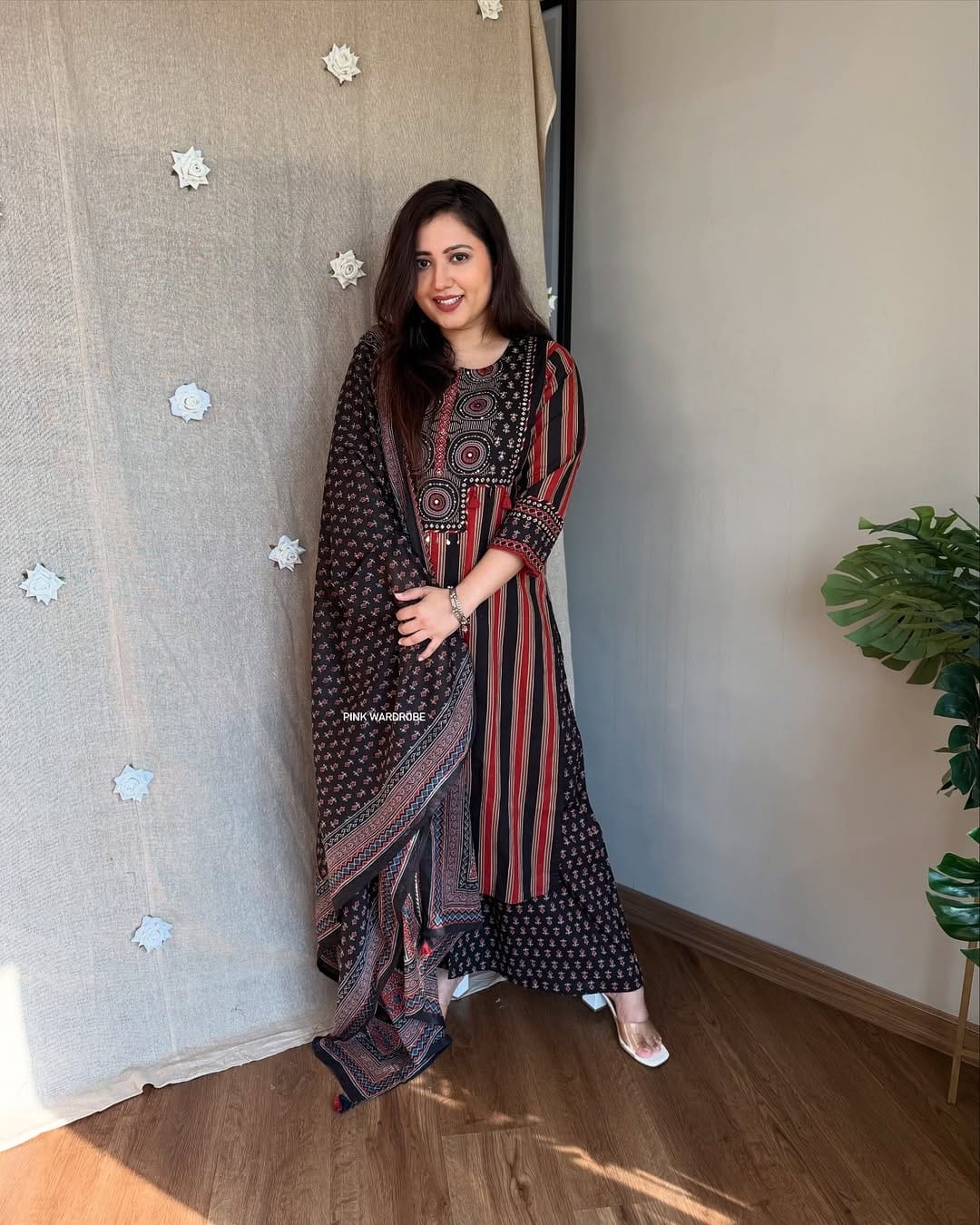 Black Cotton Printed Kurti Pant Dupatta Set for Women - Image 2