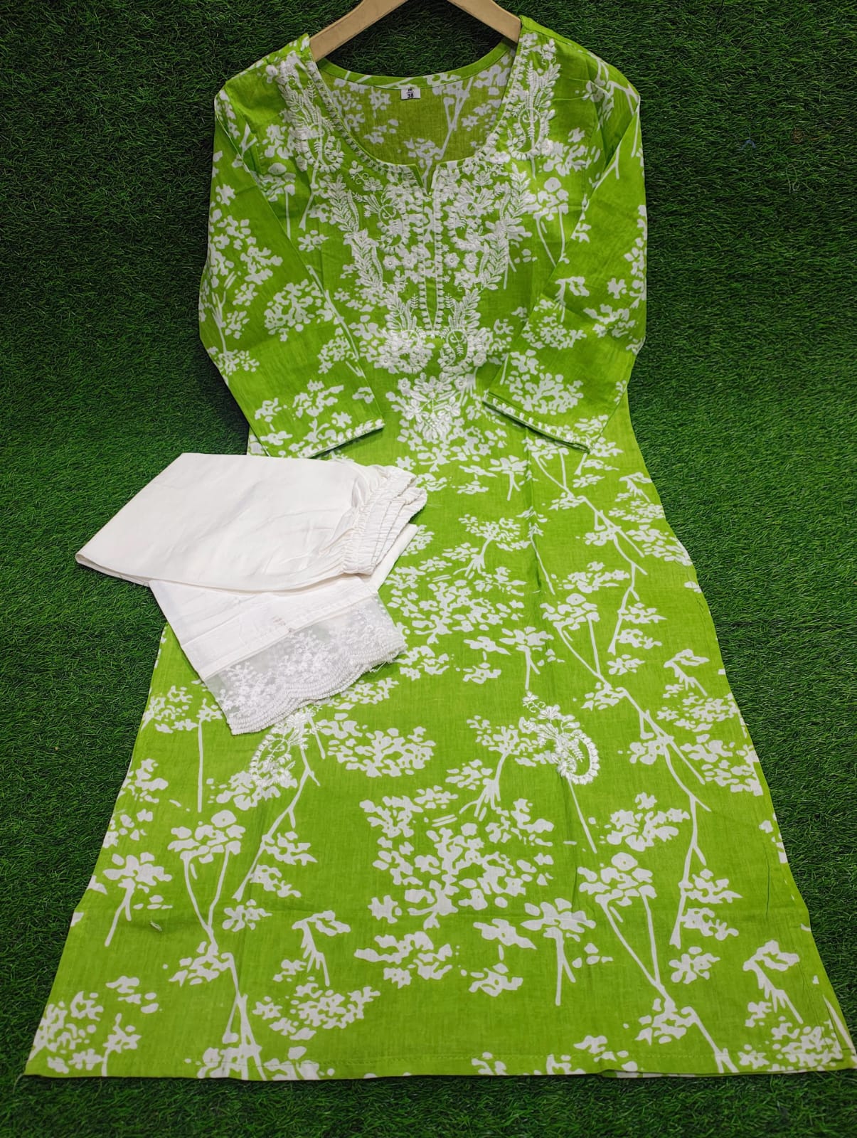 Green Chikankari Cotton Kurti Pant Set | Mulmul Cotton Ethnic Wear for Women - Image 3