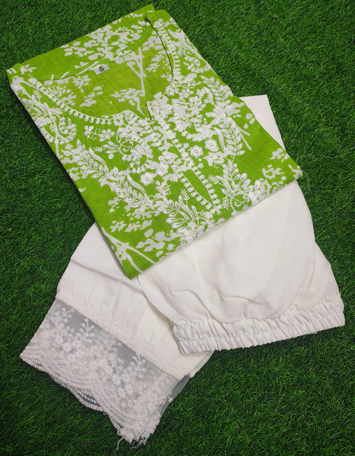 Green Chikankari Cotton Kurti Pant Set | Mulmul Cotton Ethnic Wear for Women - Image 4