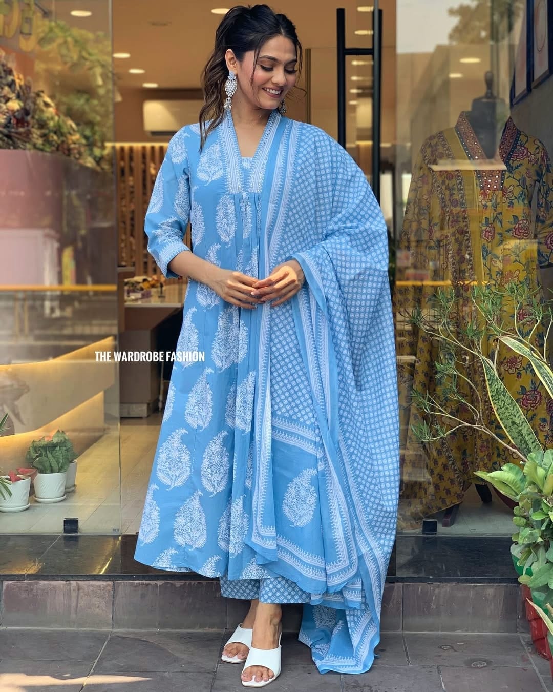 Blue Cotton Printed Kurti Palazzo Set with Malmal Dupatta for Women - Image 2