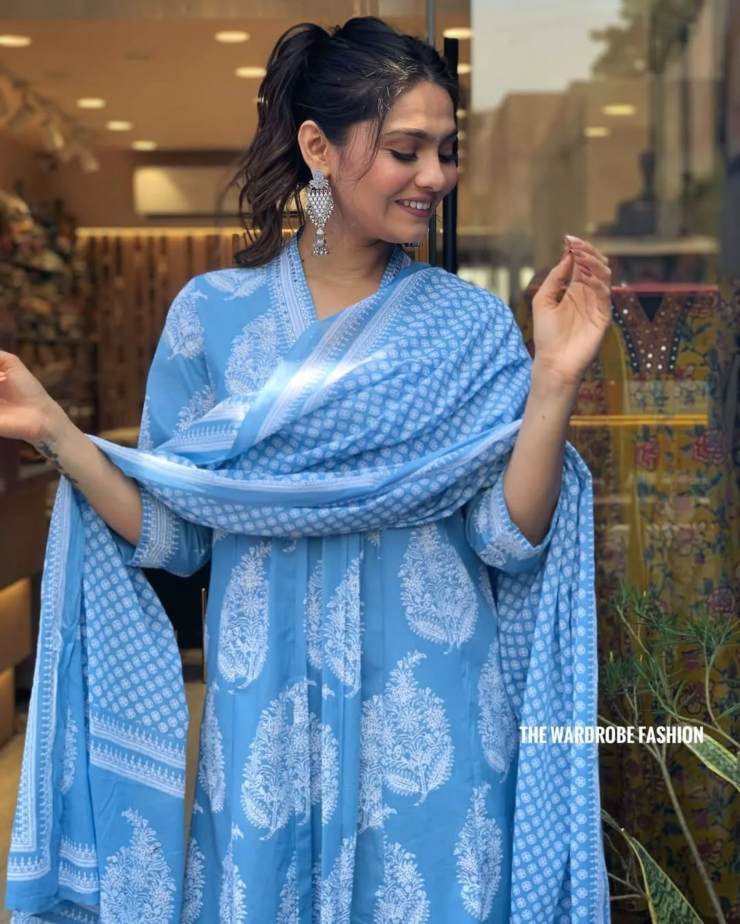 Blue Cotton Printed Kurti Palazzo Set with Malmal Dupatta for Women - Image 3