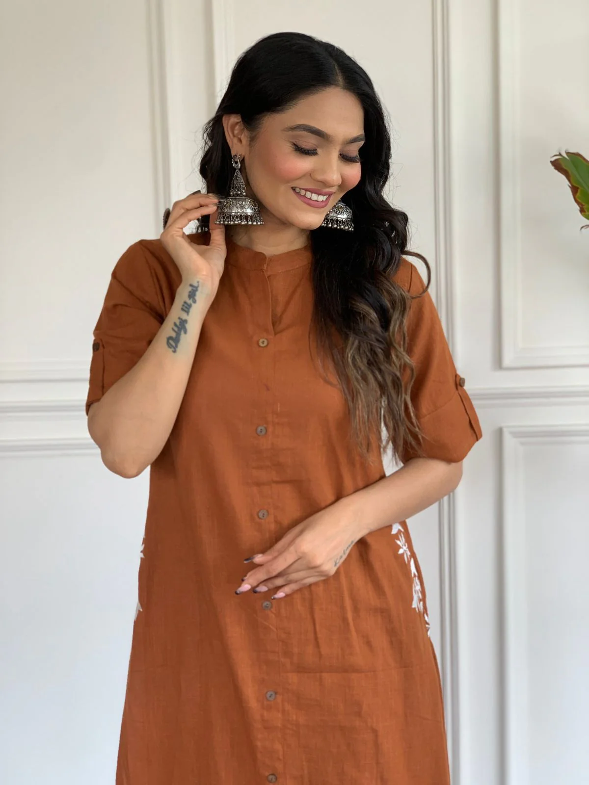 Rust Brown South Cotton Kurta Set with Hand Embroidery | Premium Cotton A-Line Plazo Set - Image 2