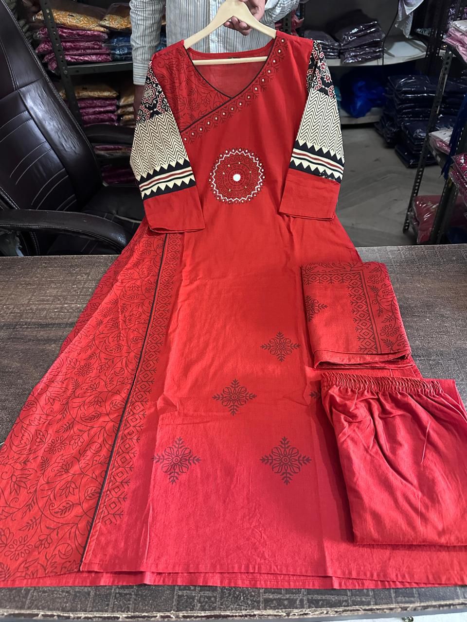 Classic Red Cotton Kurti Pant Dupatta Set for Women - Image 3