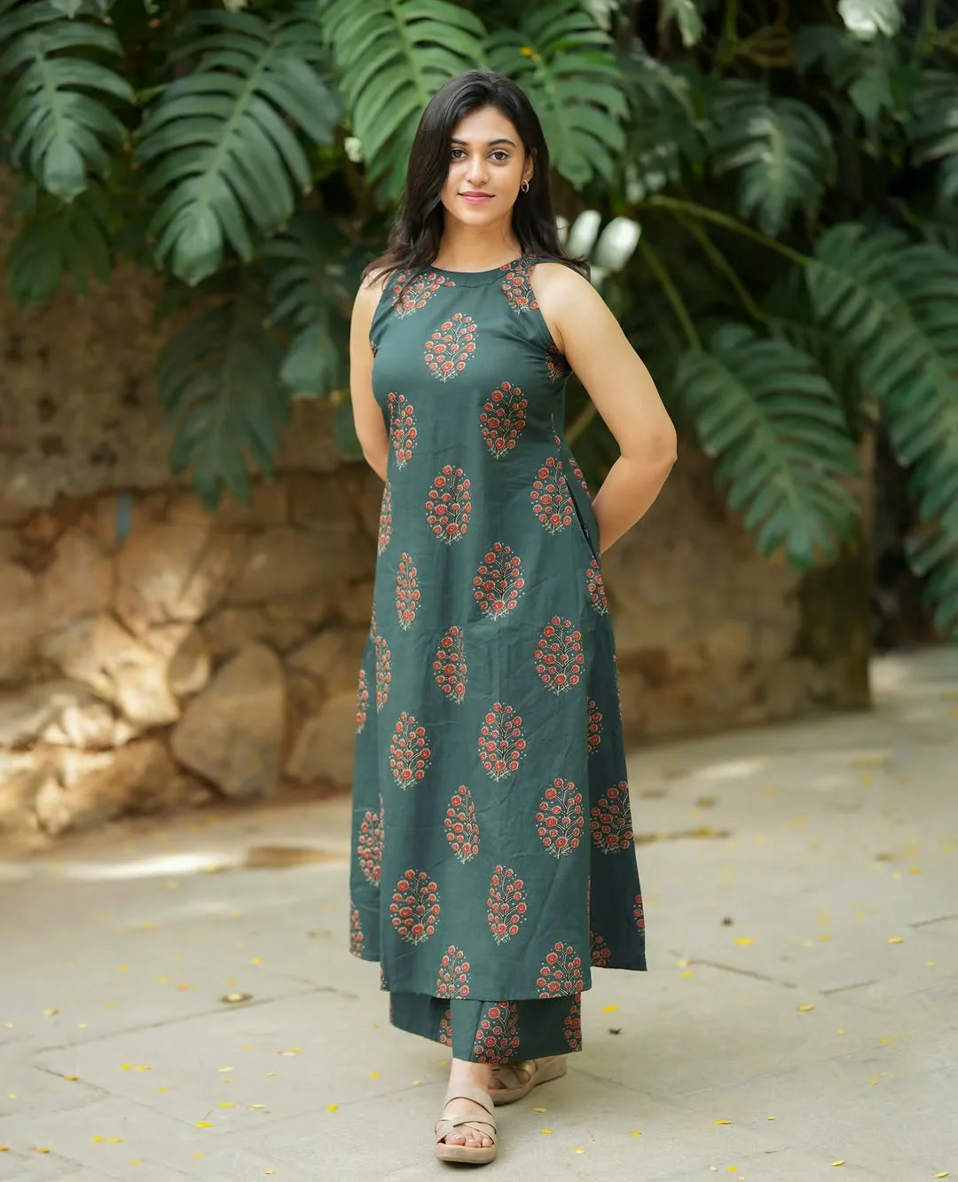 Green Floral Printed Cotton Kurta Palazzo Set for Women | A-Line Halter Neck Festive Wear - Image 2