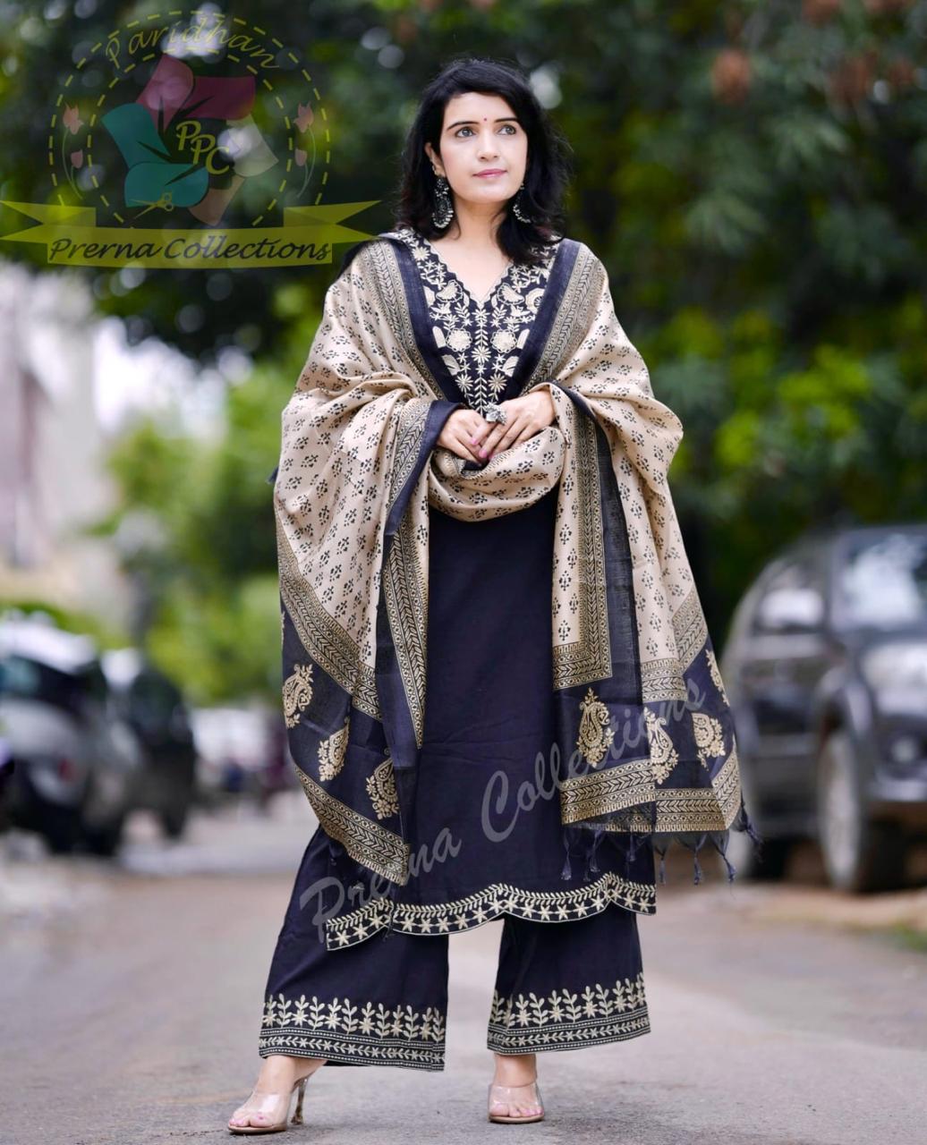 Brown Khadi Cotton Kurti Pant Dupatta Set with Embroidery for Women - Image 2