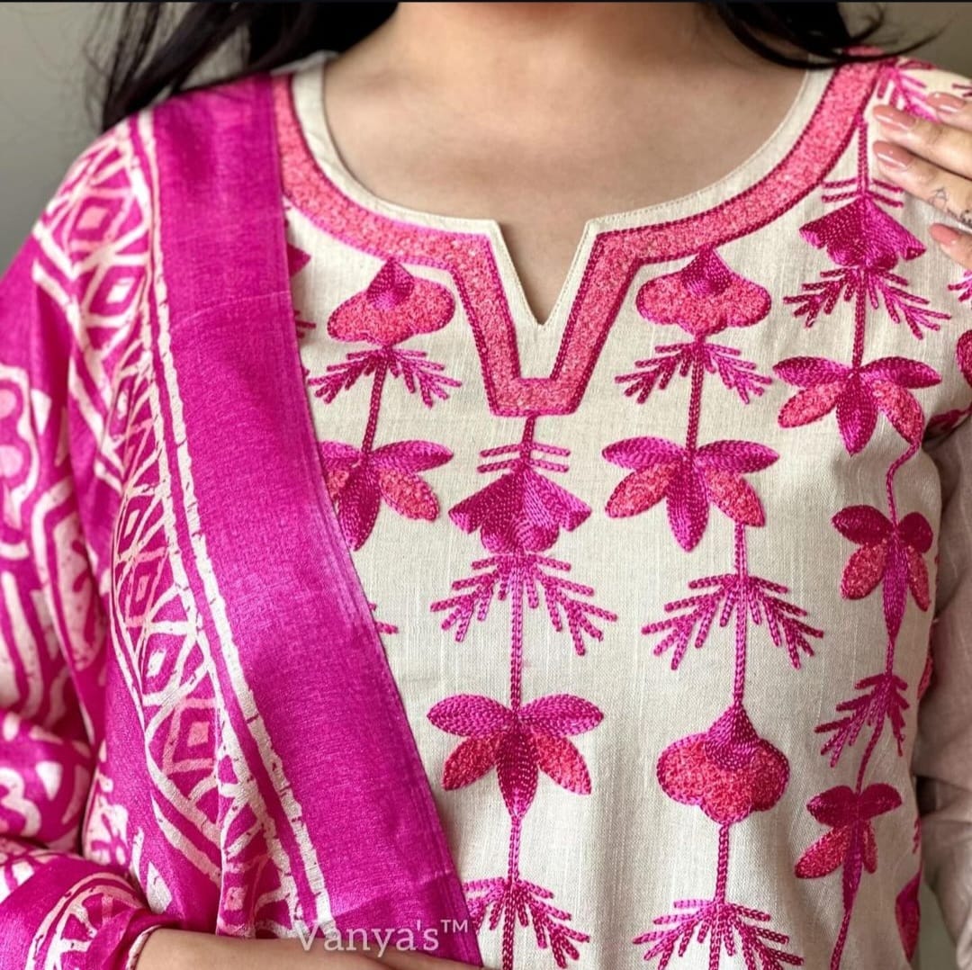 Off White Pink Handloom Cotton Kurti Pant Dupatta Set with Aari Embroidery - Image 3