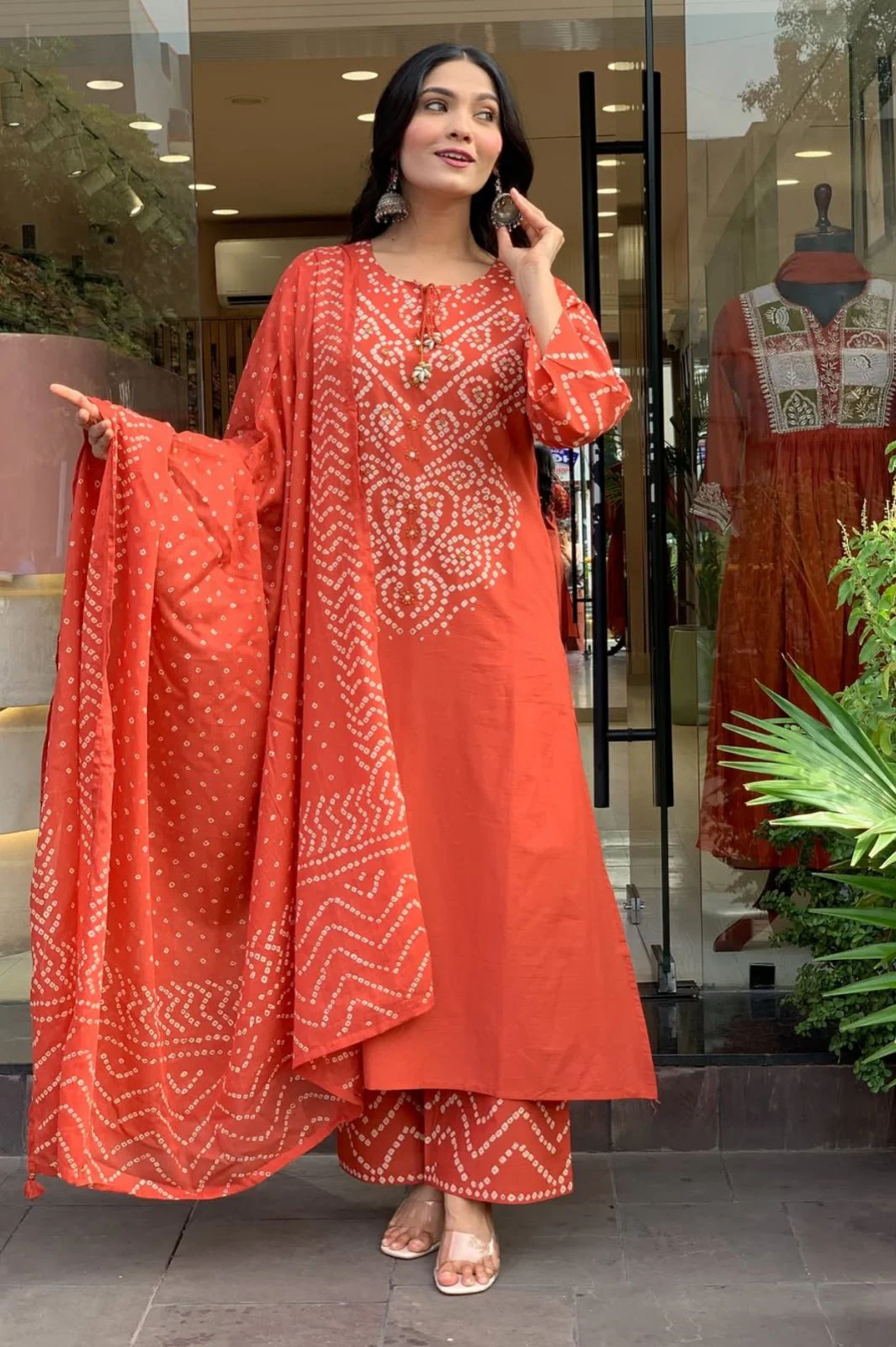 Orange Cotton Bandhani Kurti Set for Women | Kurta Pant Dupatta Set