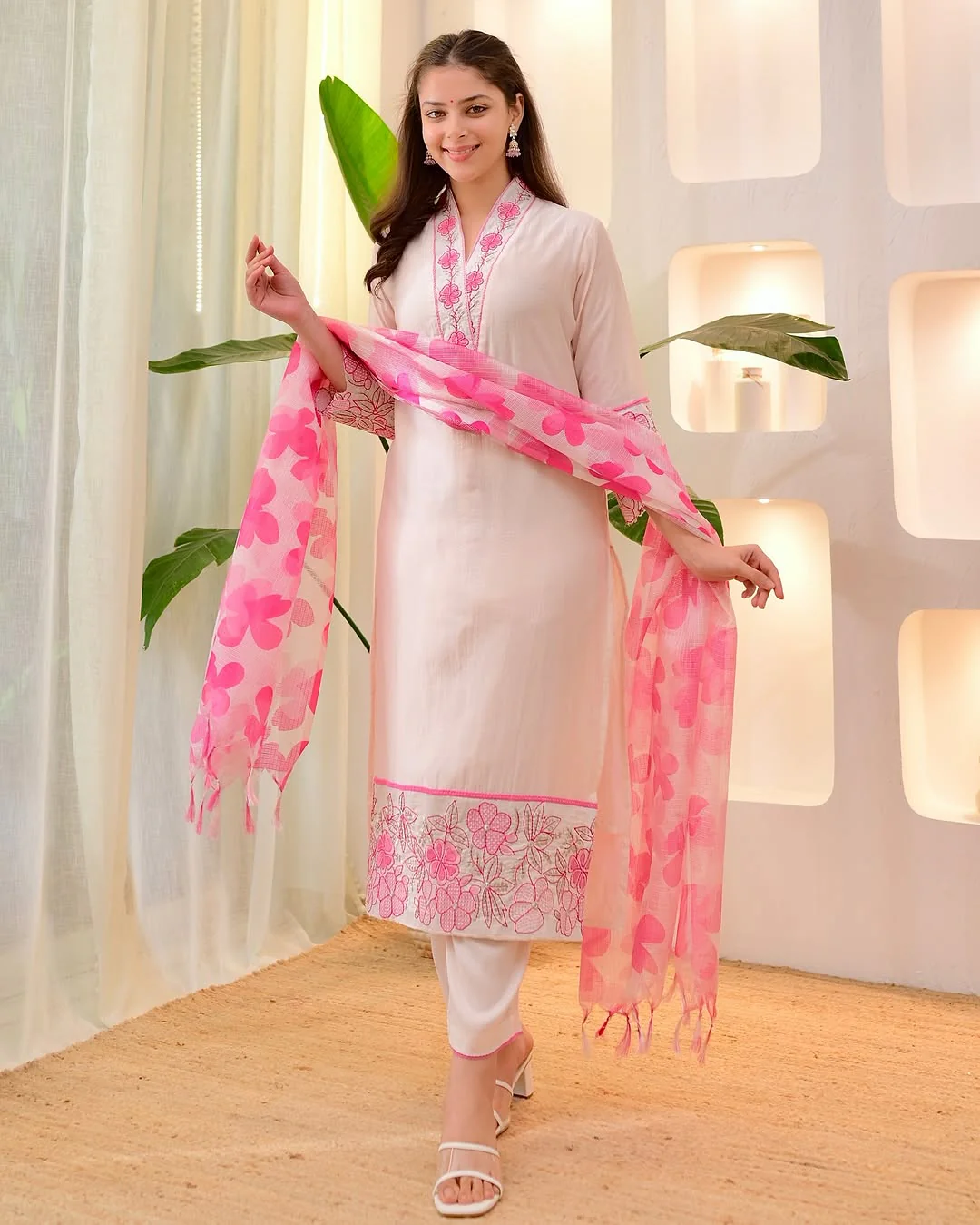 Off White Cotton Kurti Pant Dupatta Set with Pink Floral Embroidery for Women . - Image 2