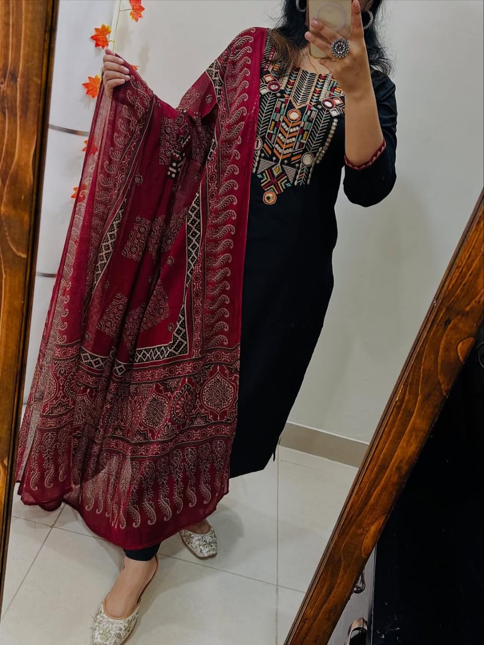 Stylish Black Cotton Kurta Pant Set with Maroon Ajrakh Dupatta - Image 2