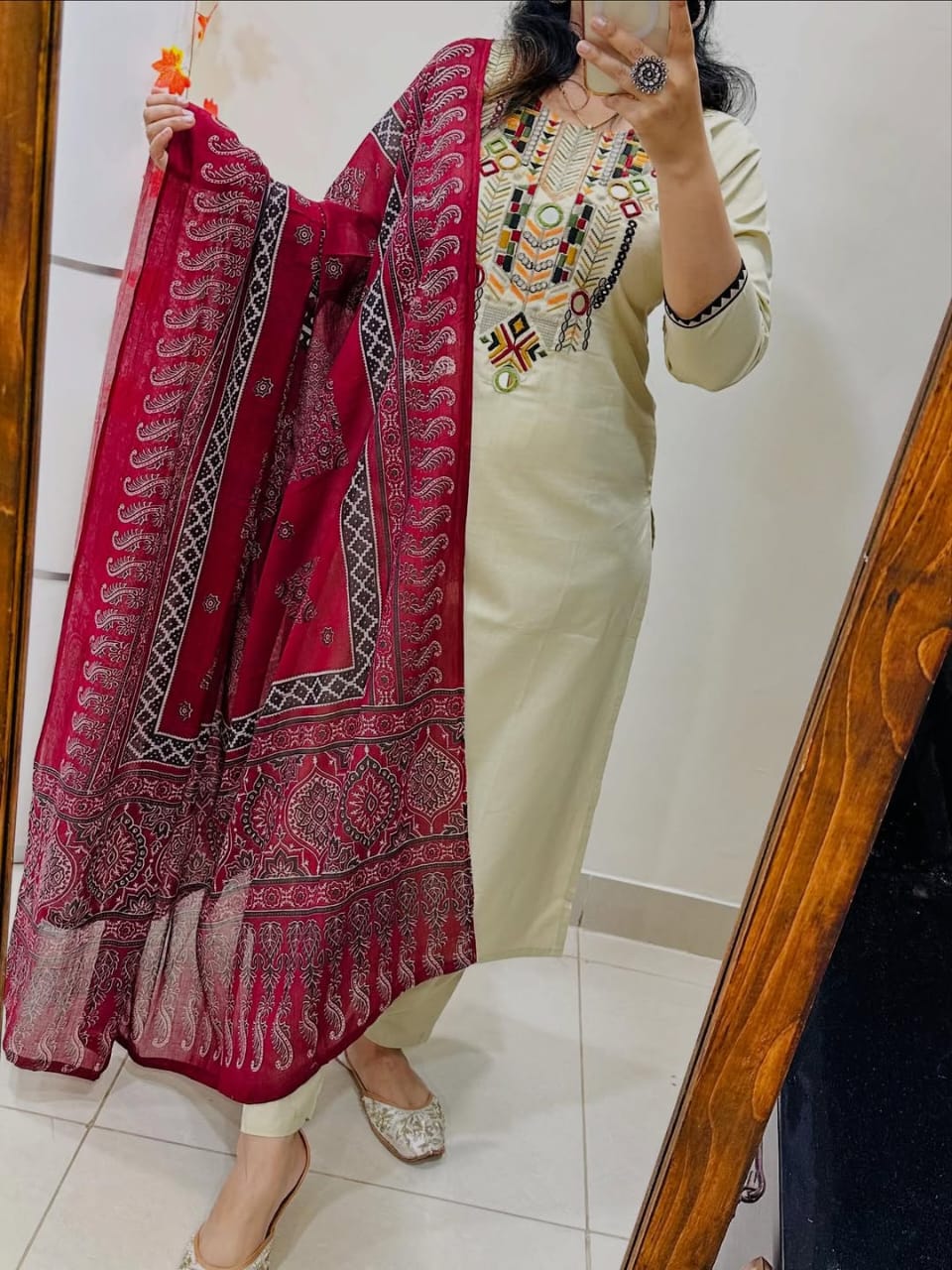Cream Cotton Suit with Maroon Ajrakh Dupatta - Image 2