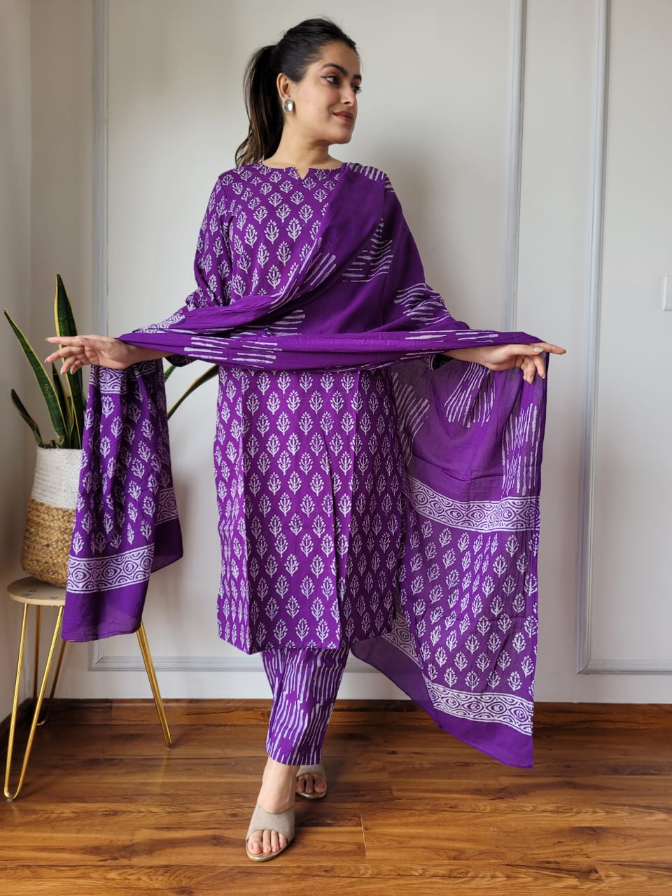 Purple Printed Cotton Suit with Cotton Dupatta for Women - Image 2