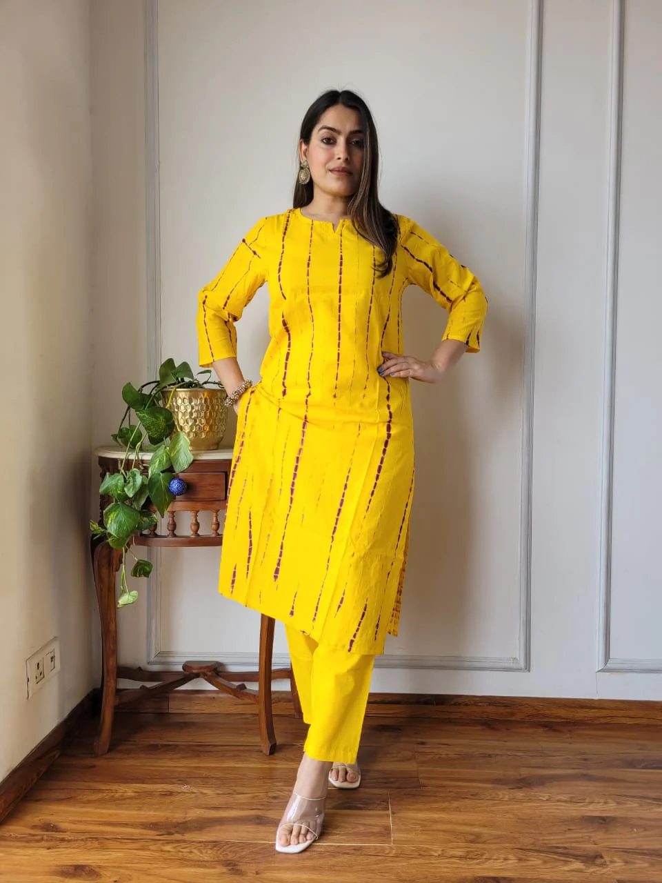Mustard Printed Cotton Kurti Pant Set for Women
