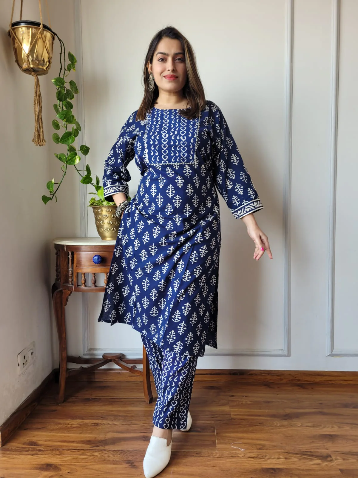 Navy Blue Printed Cotton Kurti Pant Set for Women