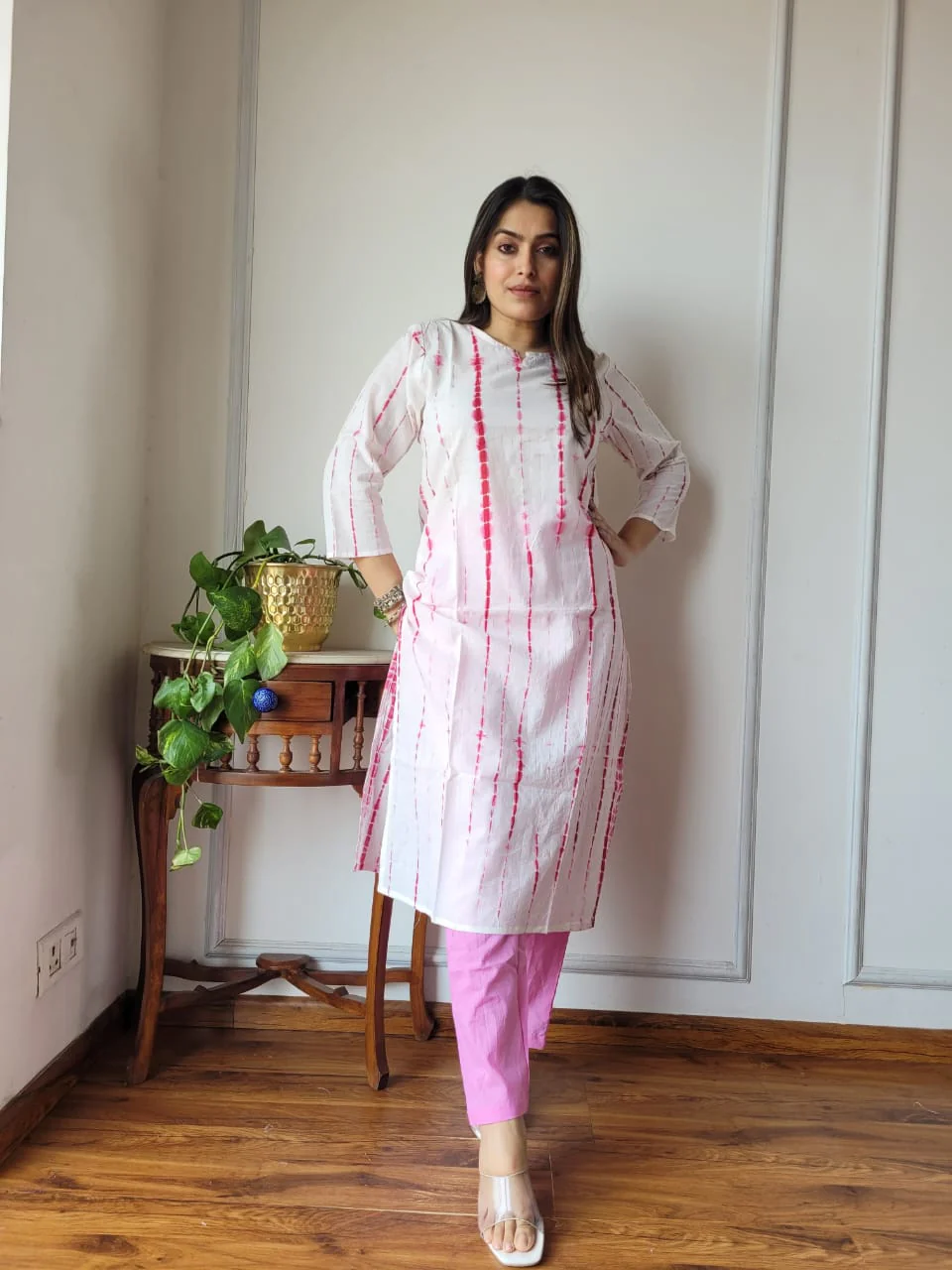 White Pink Tie Dye Cotton Kurti Pant Set for Women