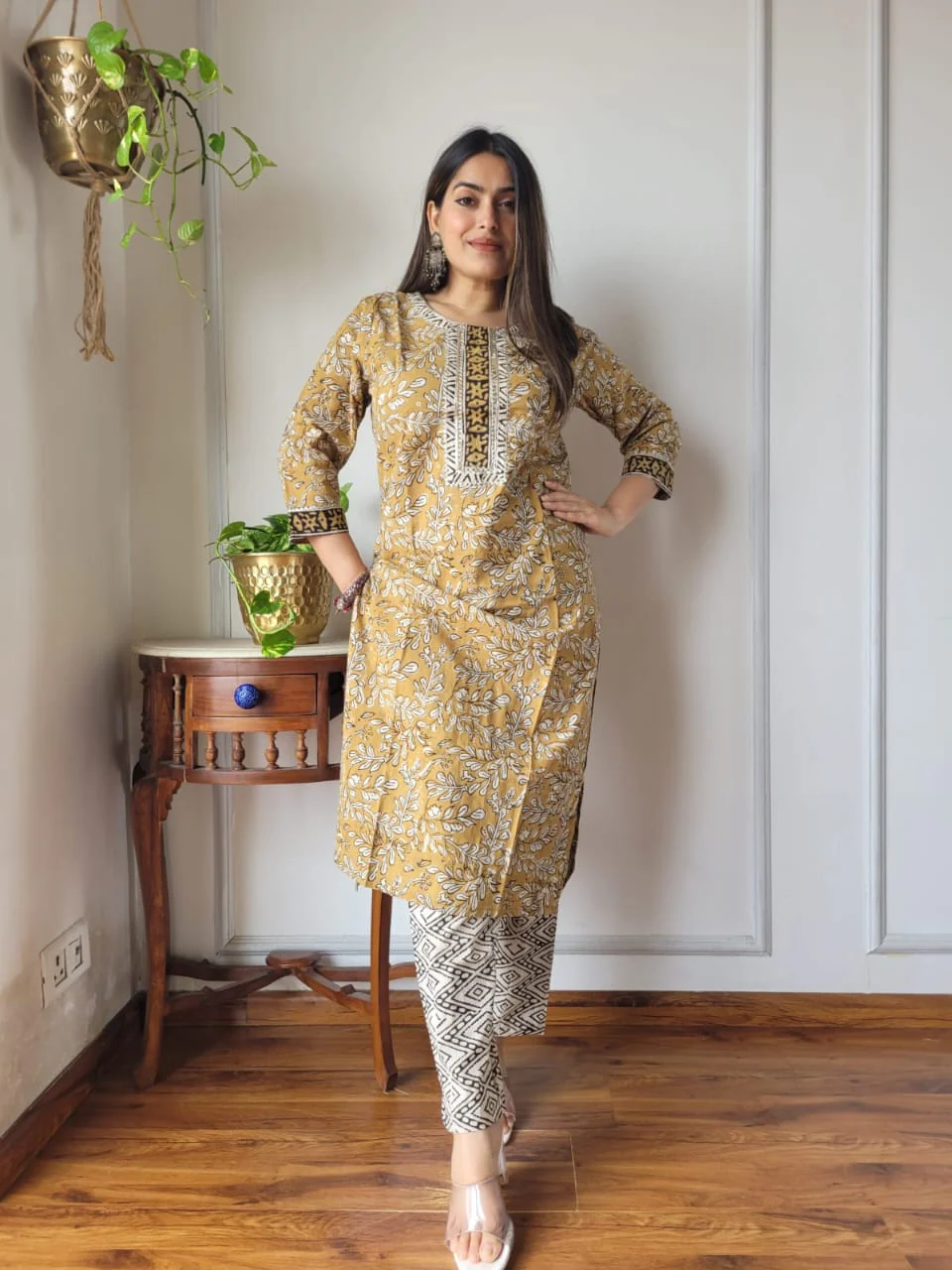Mustard Printed Cotton Kurti Pant Set for Women