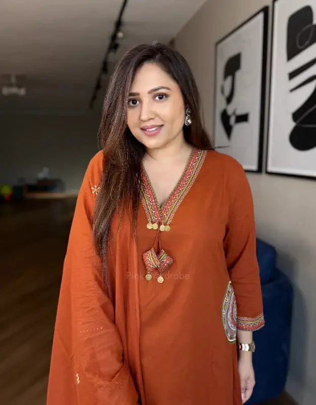 Rust Orange Cotton Kurti Pant Dupatta Set with Embroidery for Women - Image 2