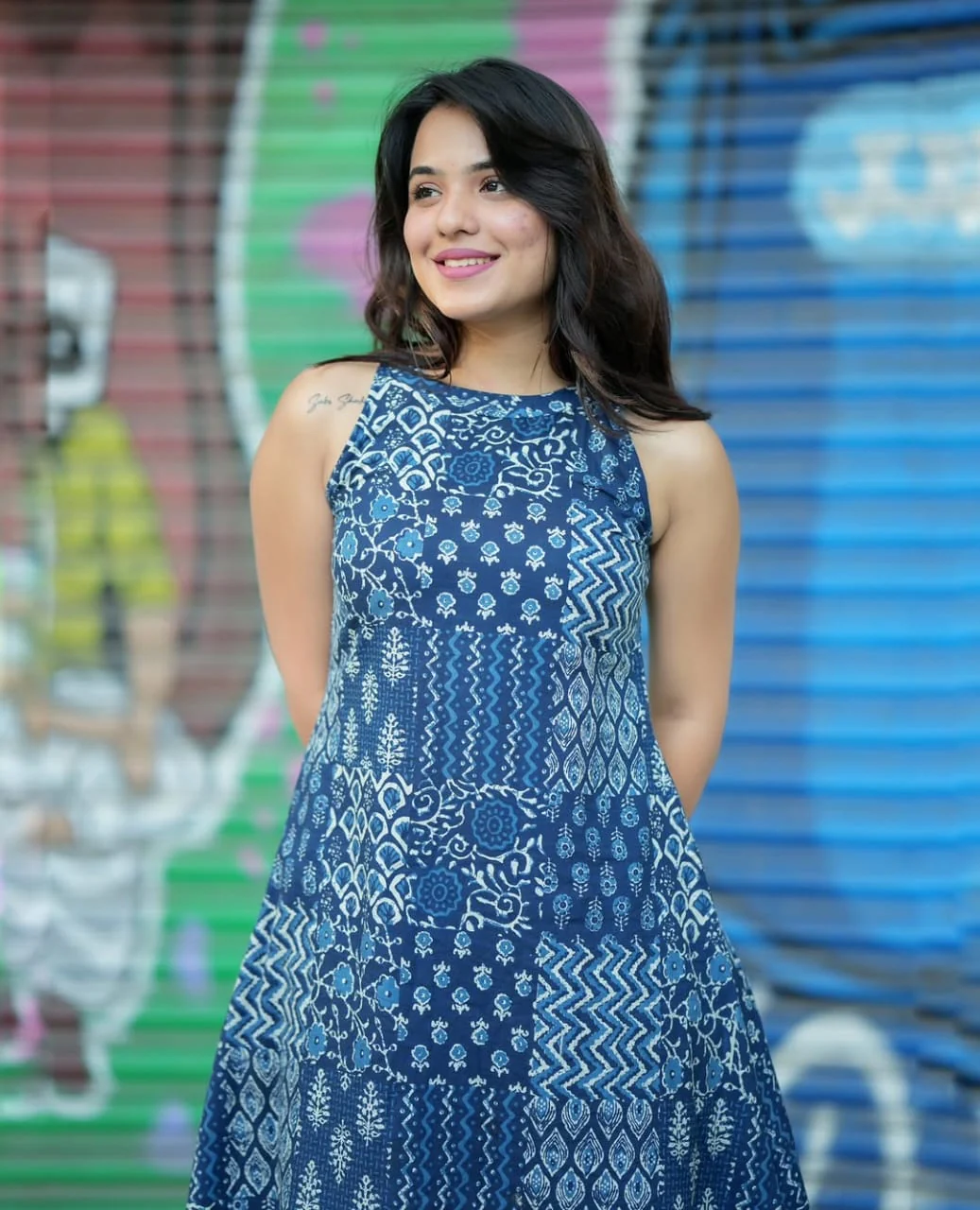 Blue Printed Cotton Kurta Palazzo Set for Women | Stylish A-Line Halter Neck Co-Ord Set - Image 2