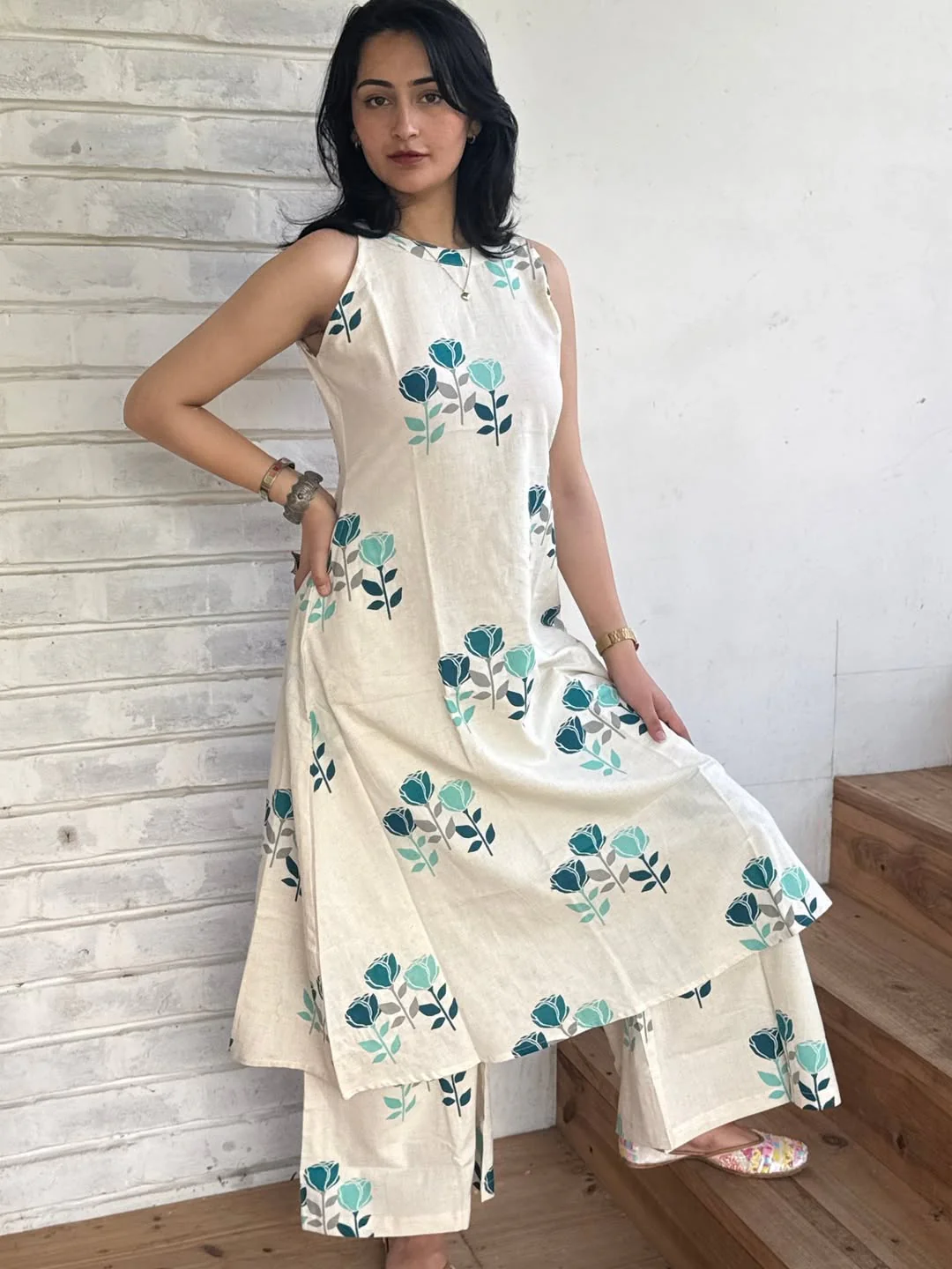 Off White Printed Cotton Kurta Palazzo Set | Elegant A-Line Halter Neck Outfit for Women