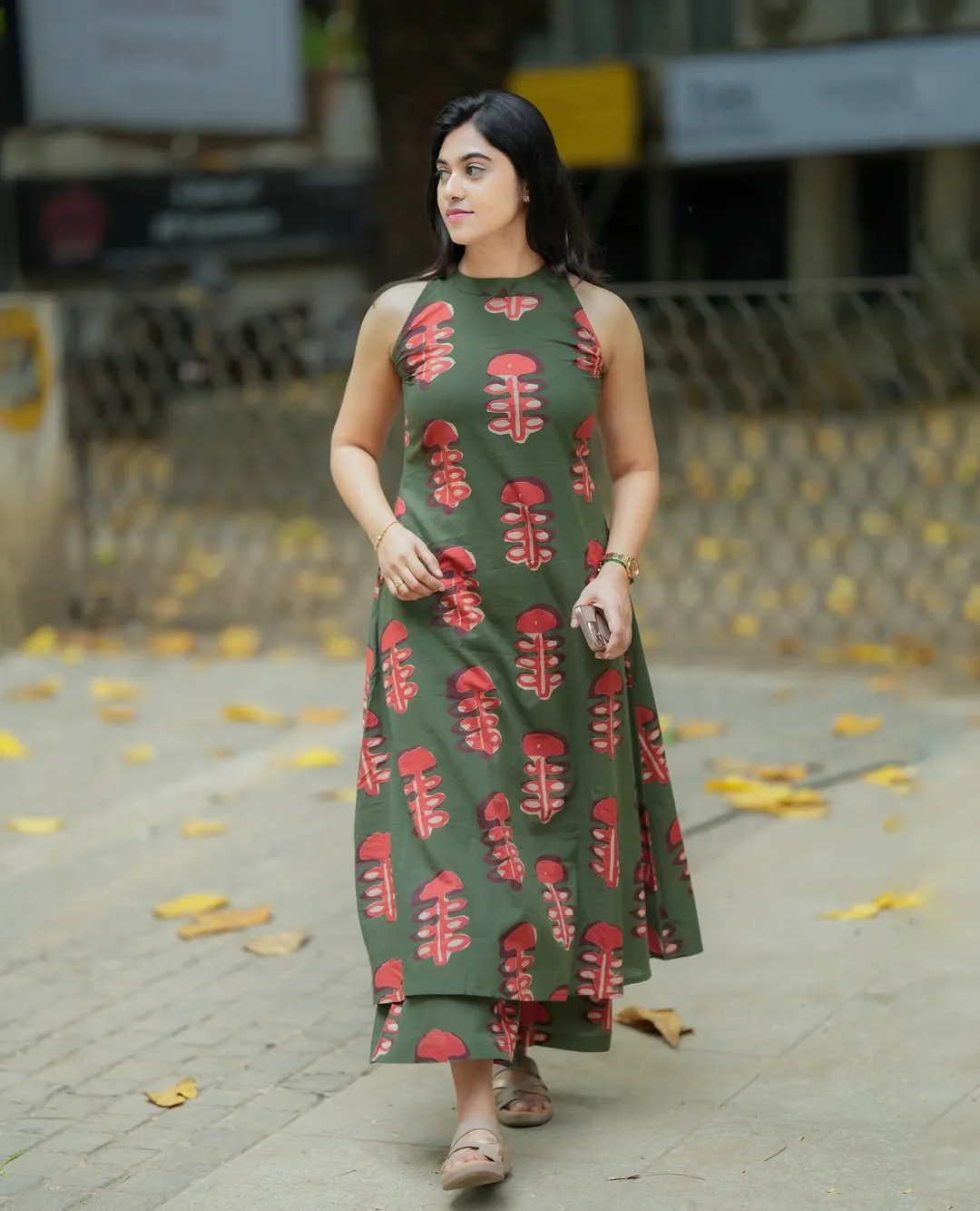 Dark Green Printed Cotton Kurta Palazzo Set | Trendy Halter Neck A-Line Kurti Set - Image 2